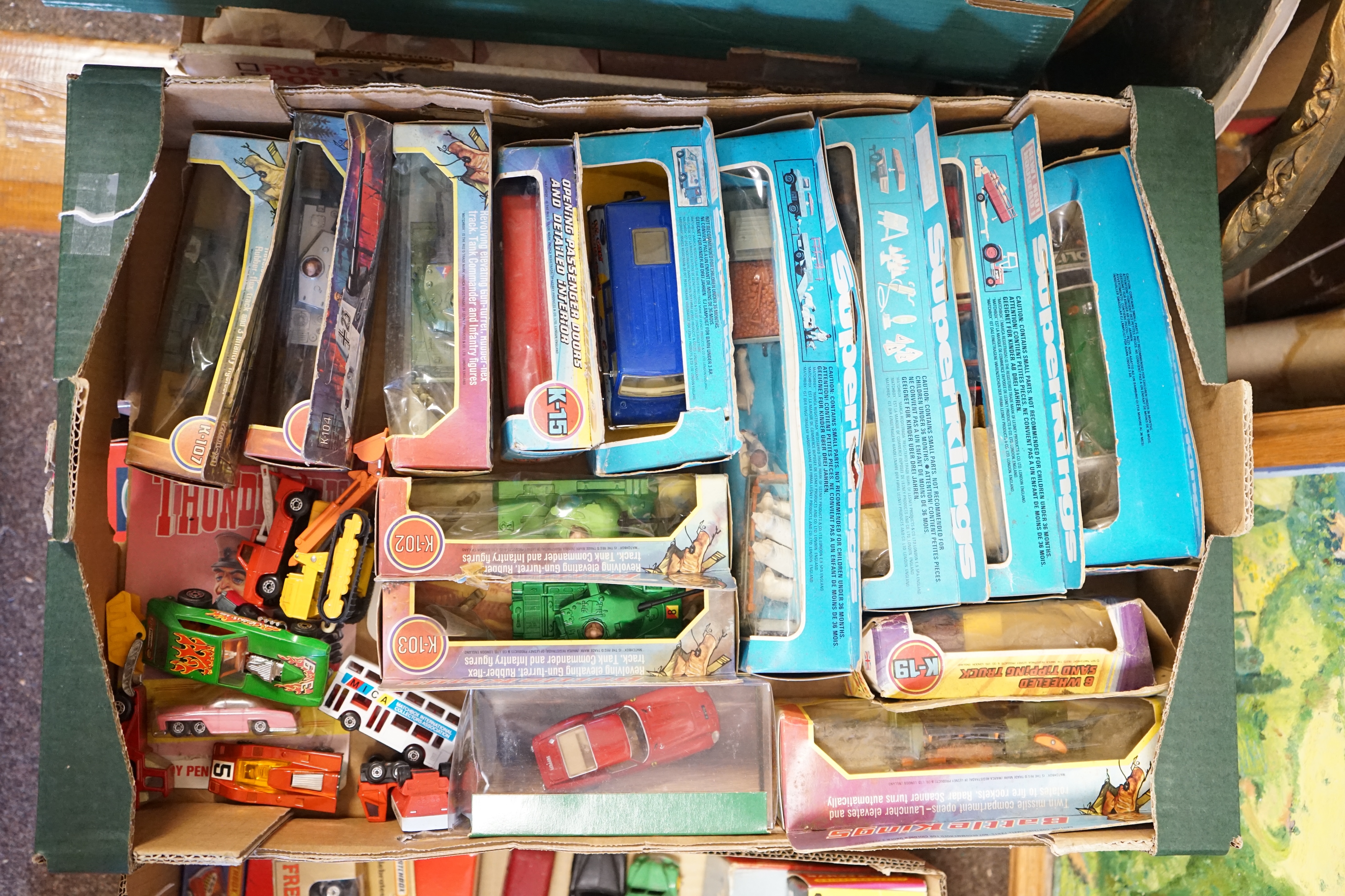 Forty six boxed diecast vehicles and play figures by Matchbox, Britains, EFE, Barbie, etc.